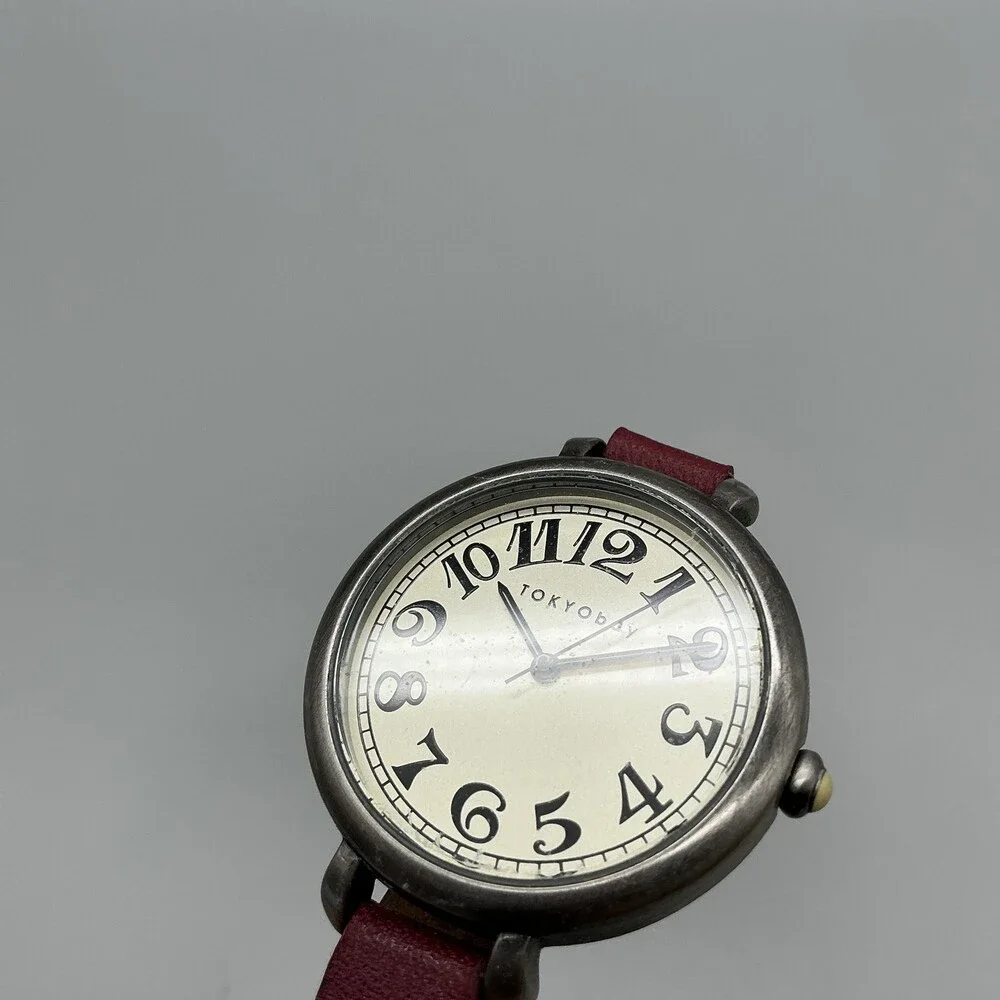 TOKYObay Womens Watch 35mm Silver Tone Cream Dial Red Leather Band New Battery